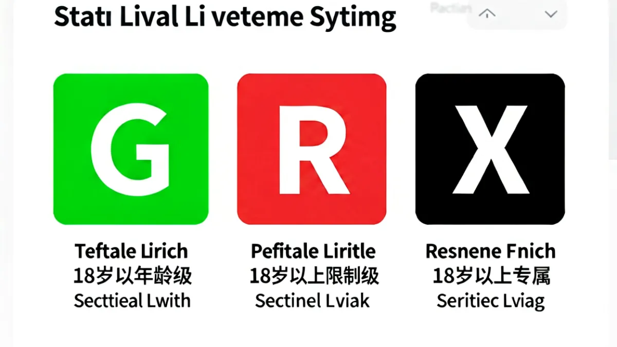 禁片天堂内容分级说明界面截图，画面清晰展示G级绿色标签、R级红色标签和X级黑色标签三种分级标识及其对应的观看人群说明文字