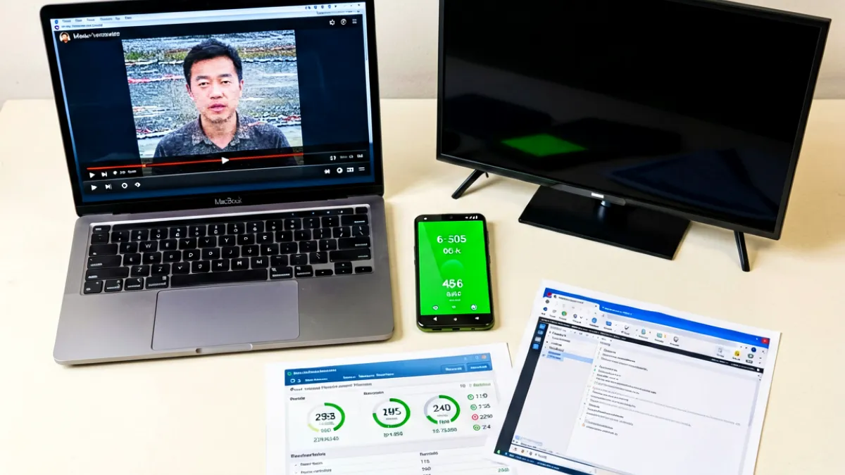 多设备并列摆放的桌面场景，左侧是 MacBook 播放界面显示卡顿提示，中间是 Android 手机，右侧是智能电视全屏黑屏，桌面上摊着网络测速结果截图和浏览器开发者工具面板，呈现多端故障排查现场